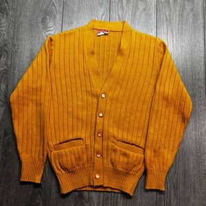 Vintage 80s Seaforth Knitwear Medium Mustard Yellow Ribbed Cardigan Sweater